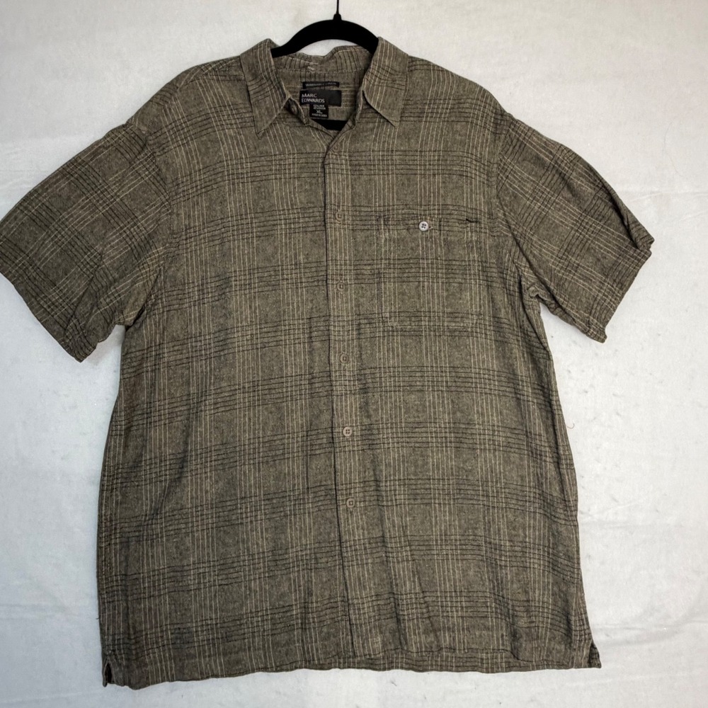 Marc Edwards Men XL Linen Rayon Blend Short Sleeve Button Down Plaid Shirt Brown